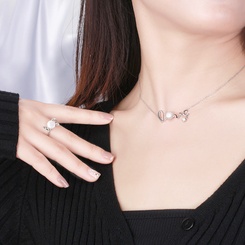 Letter "LOVE" Cultured Freshwater Pearl 925 Sterling Silver Necklace_SG