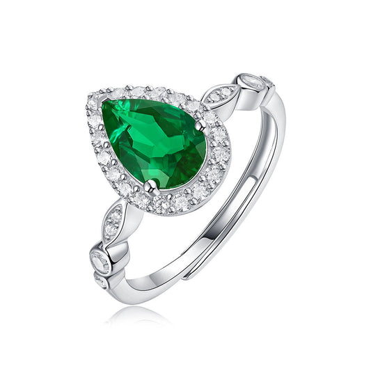 Pear Cut (Tear Drop) Lab Grown Emerald Halo 925 Sterling Silver Ring_SG