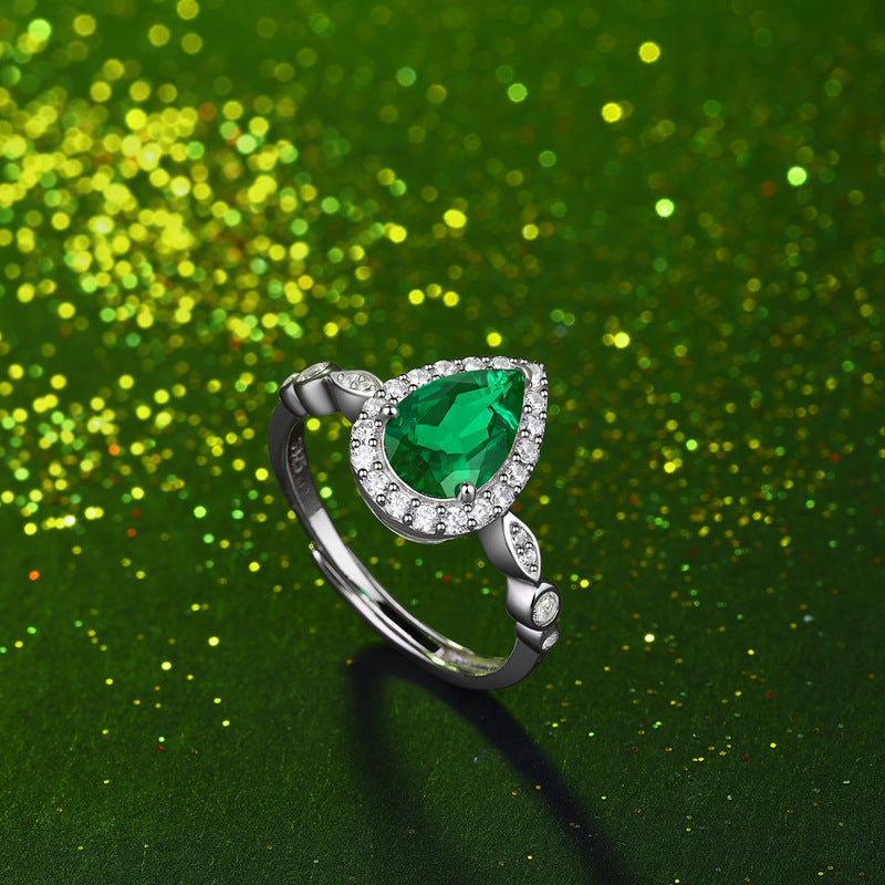 Pear Cut (Tear Drop) Lab Grown Emerald Halo 925 Sterling Silver Ring_SG