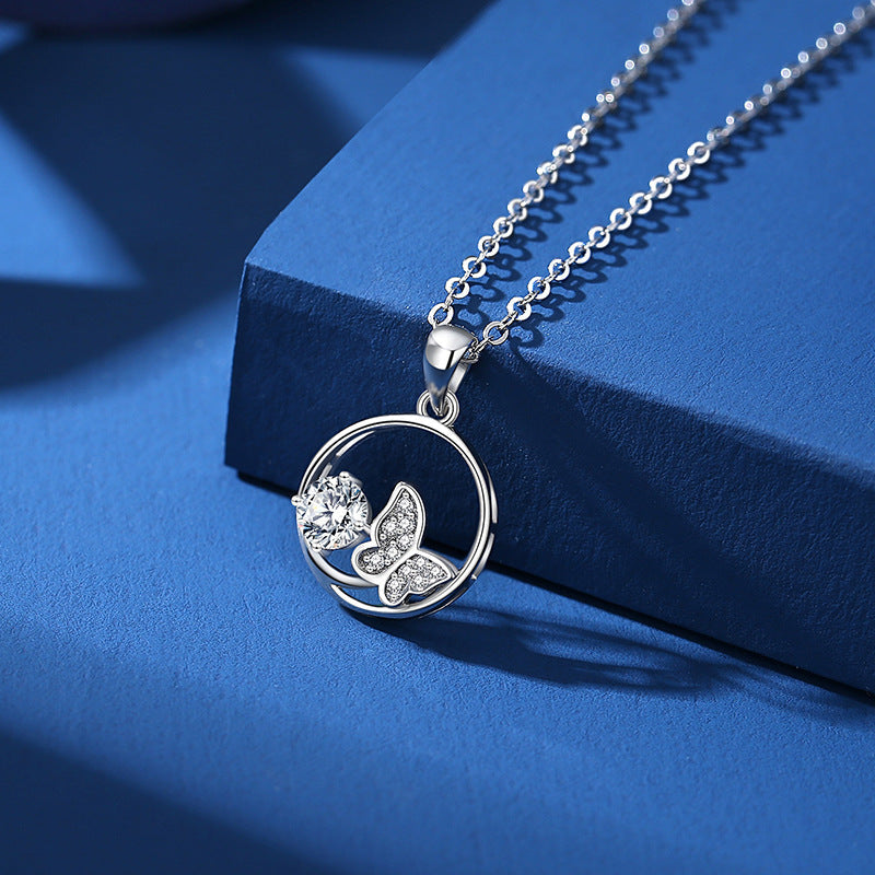 Round Butterfly Moissanite Necklace (925 Silver)_SG