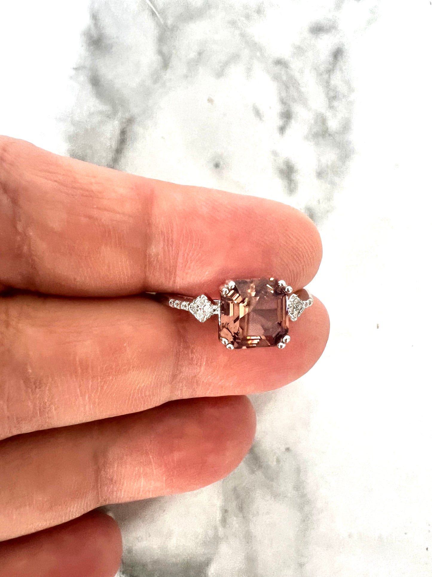 Square Cut Morganite CZ 925 Silver Ring_SG
