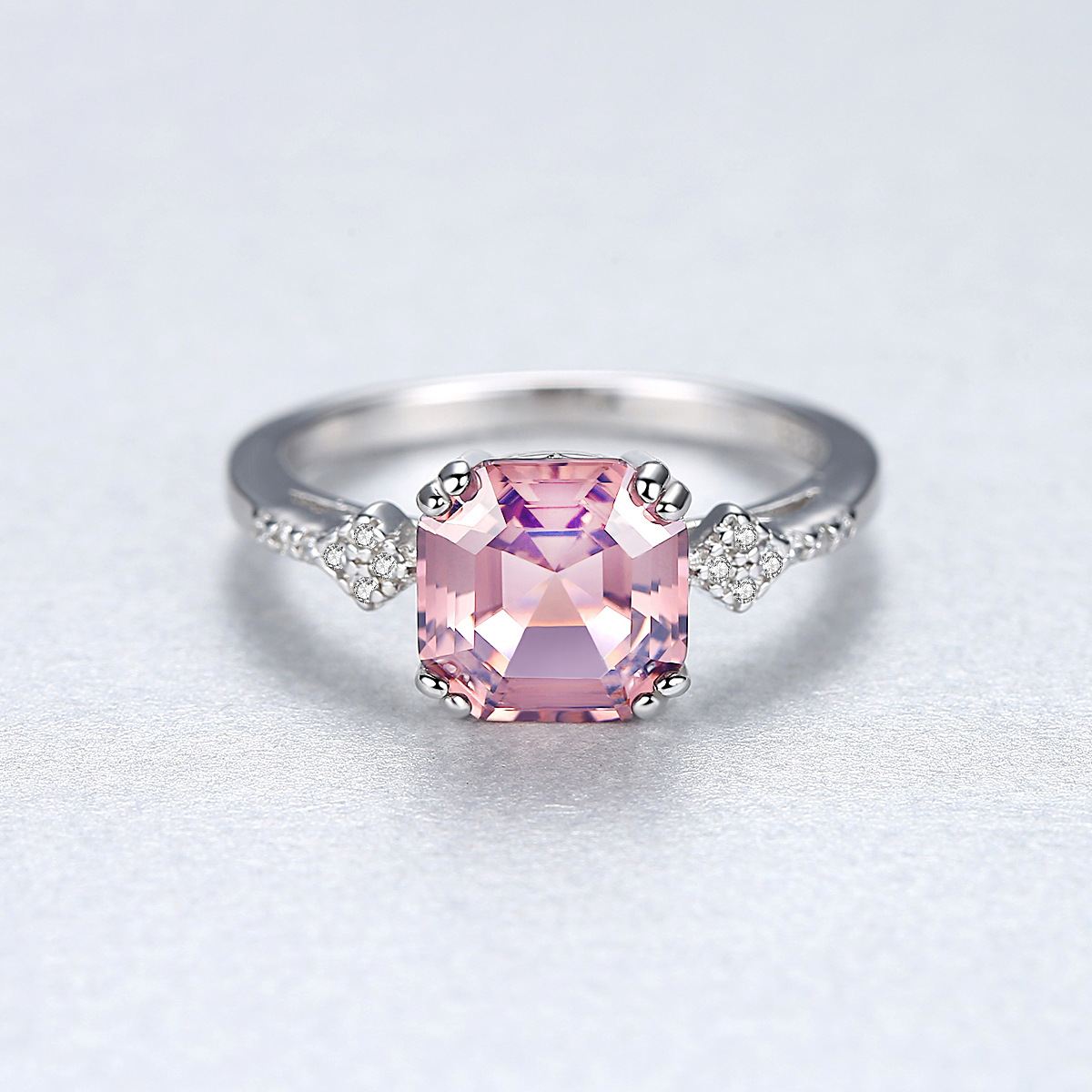 Square Cut Morganite CZ 925 Silver Ring_SG