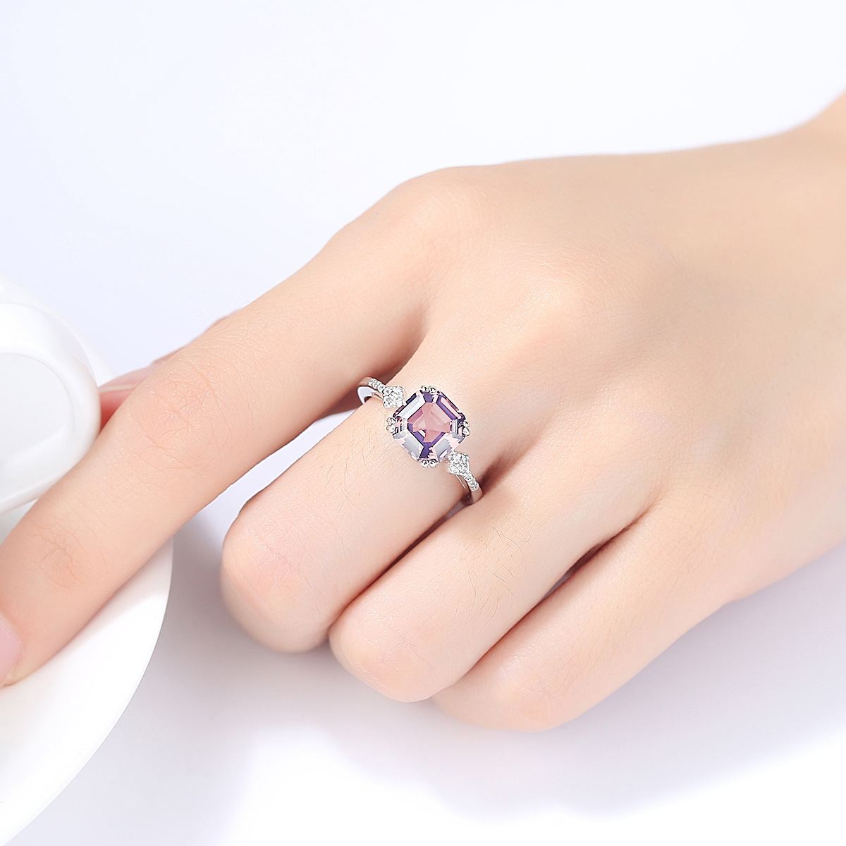 Square Cut Morganite CZ 925 Silver Ring_SG