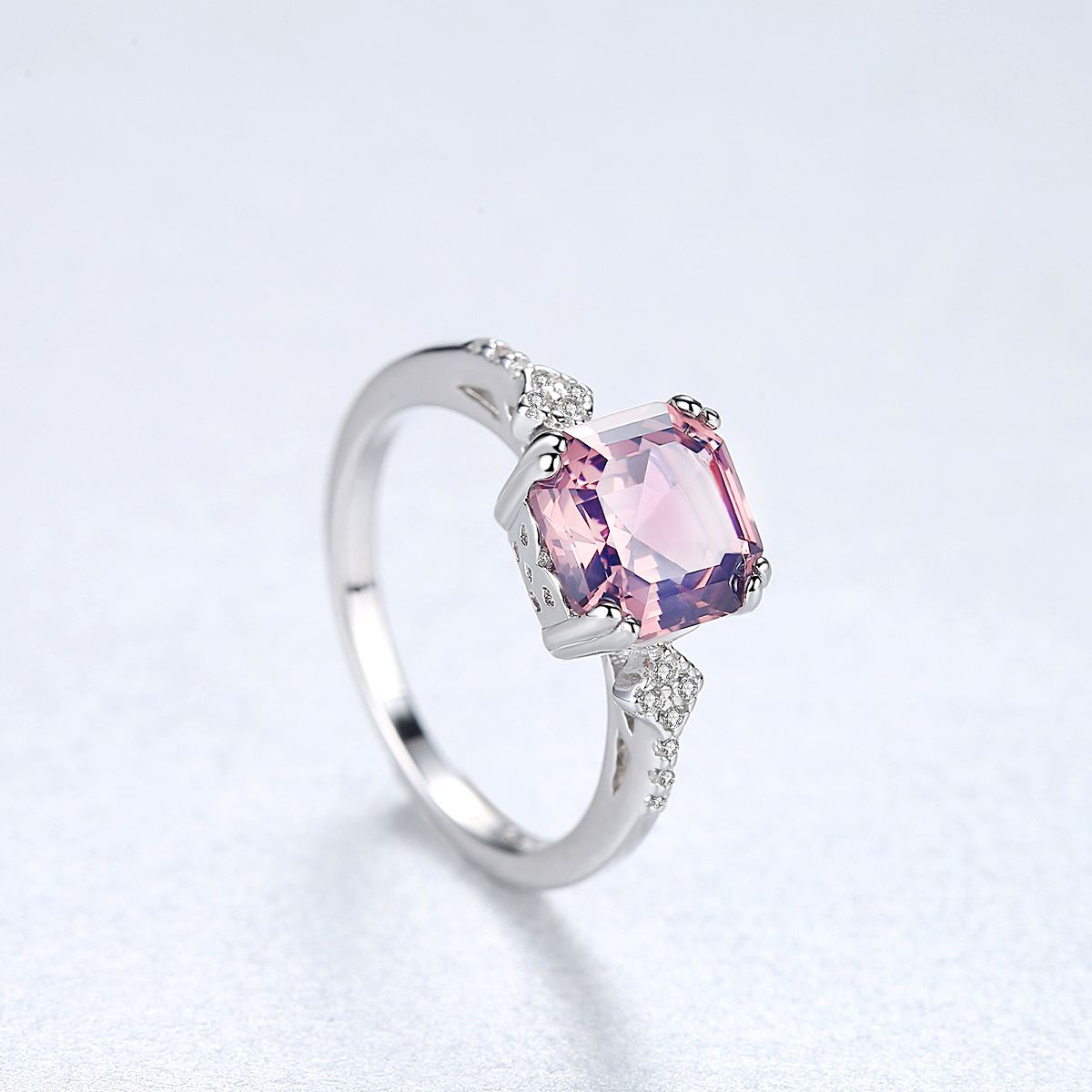 Square Cut Morganite CZ 925 Silver Ring_SG